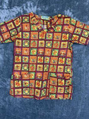 Thanksgiving Women Scrub Top Turkey & Fall Harvest Print  100% Cotton  Size M